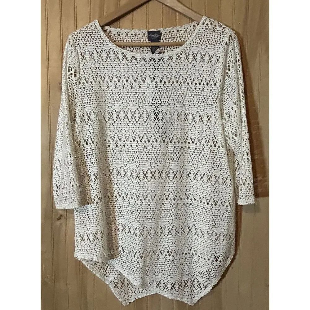 Chicos Size 1 Travelers Women's Crochet Top 3/4 Sleeve Lace Top Med 8-10